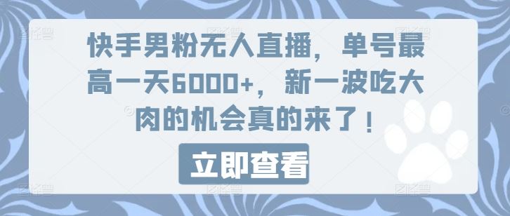 快手男粉无人直播，单号最高一天6000+，新一波吃大肉的机会真的来了-网创资源总站