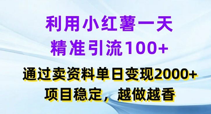 利用小红书一天精准引流100+，通过卖项目单日变现2k+，项目稳定，越做越香【揭秘】-网创资源总站