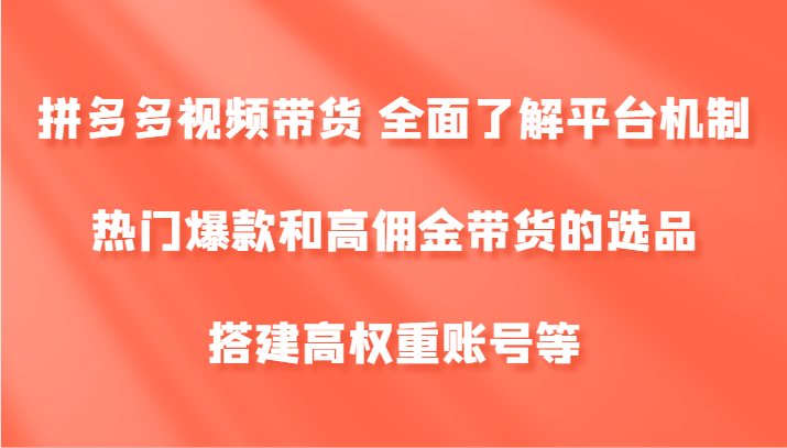 拼多多视频带货 全面了解平台机制、热门爆款和高佣金带货的选品，搭建高权重账号等-网创资源总站
