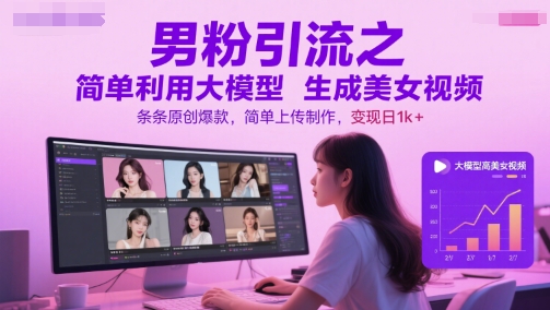 男粉引流之简单利用大模型生成美女视频，条条原创爆款，简单上传制作，变现日1k+-网创资源总站