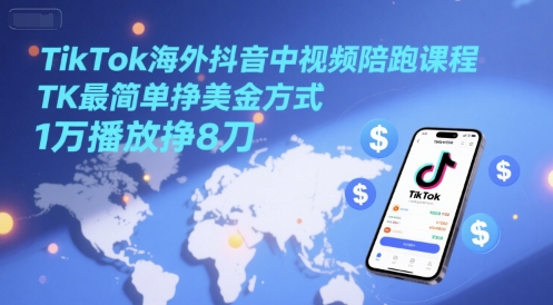 TikTok海外抖音中视频陪跑课程，TK最简单挣美金方式，1万播放挣8刀-网创资源总站