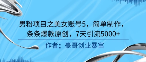 男粉项目之美女账号5，简单制作，条条爆款原创，7天引流5000+-网创资源总站
