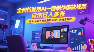 全网首发用AI一键制作爆款视频，自测日入多张，适合大学生宝妈兼职创业，保姆级教程-网创资源总站