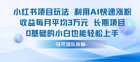 适合小白操作的小红书新项目，利用AI快速涨粉，收益每月平均1W+-网创资源总站