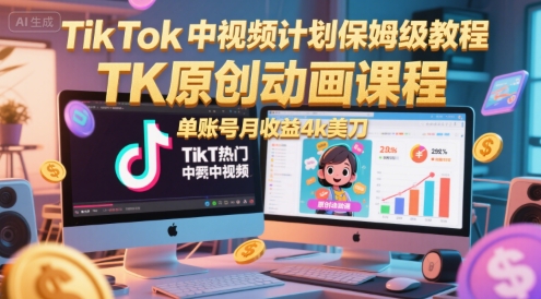 TikTok中视频计划保姆级教程，TK原创动画课程，单账号月收益4k美刀-网创资源总站