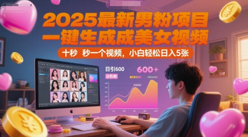 2025最新男粉项目，一键生成美女视频，日引600+色粉 十秒一个视频，小白轻松日入5张【揭秘】-网创资源总站