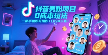 抖音男粉项目0成本玩法，一部手机即可操作，日均4张+，时间自由-网创资源总站