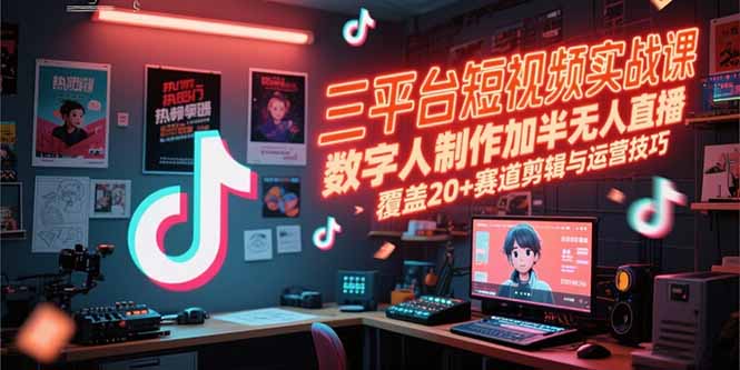 三平台短视频实战课，数字人制作加半无人直播，覆盖20+赛道剪辑与运营技巧-网创资源总站
