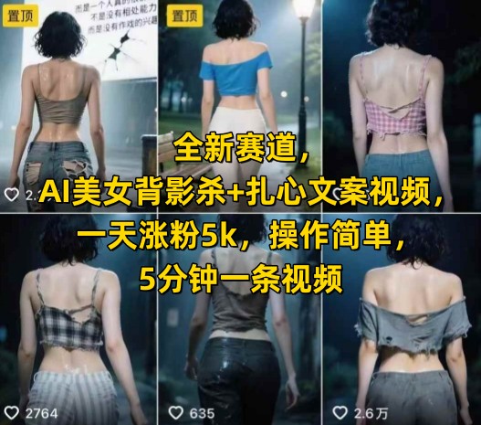 全新赛道，AI美女背影杀+扎心文案视频，一天涨粉5k，操作简单，5分钟一条视频-网创资源总站
