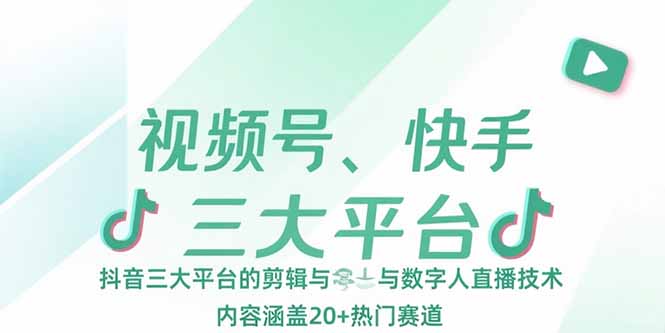 视频号、快手、抖音三大平台的剪辑与数字人直播技术，内容涵盖20+热门赛道-网创资源总站