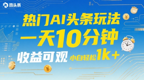 热门AI头条玩法，一天10分钟，收益可观，小白轻松日入1k+【揭秘】-网创资源总站