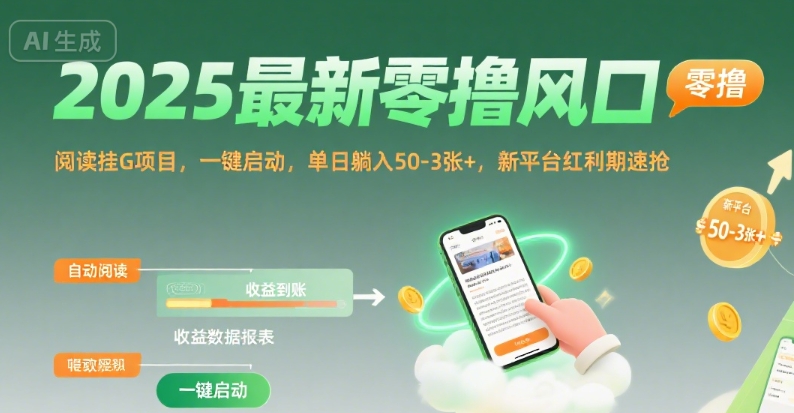 2025最新零撸风口，阅读挂G项目，一键启动，单日躺入 50-3张+，新平台红利期速抢【揭秘】-网创资源总站