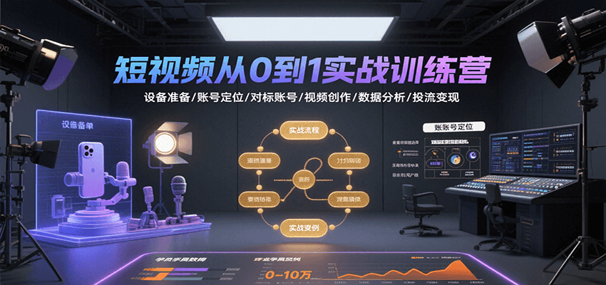 短视频从0到1实战训练营：设备准备/账号定位/对标账号/视频创作/数据分析/投流变现-网创资源总站