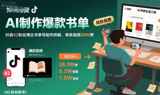 AI制作爆款书单，抖音42粉丝博主书单号制作拆解，单条视频28W赞-网创资源总站