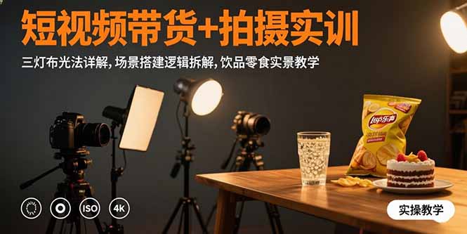 短视频带货+拍摄实训：三灯布光法详解,场景搭建逻辑拆解,饮品零食实景教学-网创资源总站