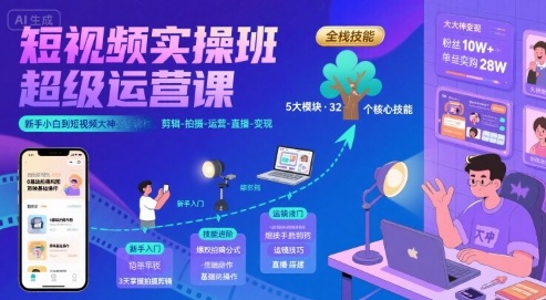 短视频实操班超级运营课，新手小白到短视频大神必修课程，剪辑-拍摄-运营-直播-变现-网创资源总站
