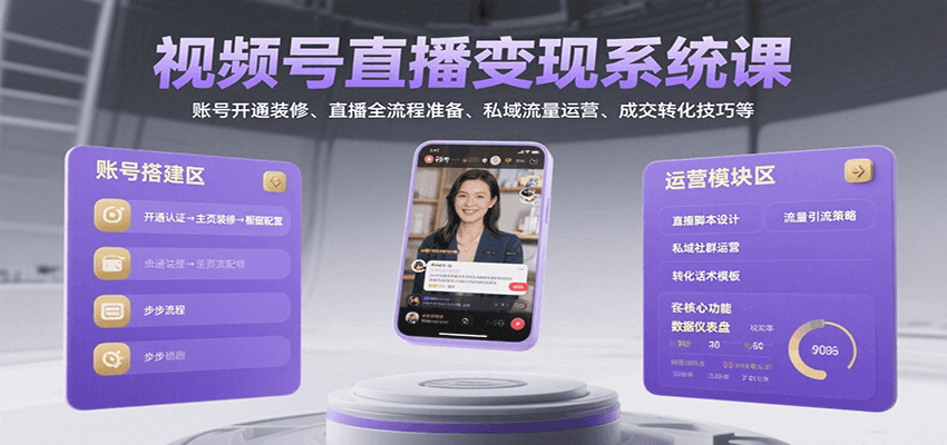 视频号直播变现系统课，账号开通装修、直播全流程准备、私域流量运营、成交转化技巧等-网创资源总站