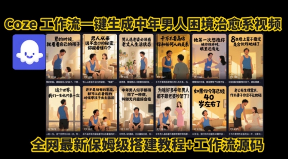 coze工作流一键生成”中年男人困境扎心高涨粉高播放量图文视频”保姆级拆解教程，无需剪辑，无需拍摄写文案-网创资源总站