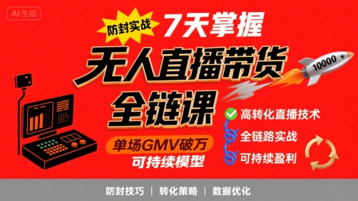 无人直播带货全链防封实战课，7天掌握高转化直播技术，实现单场GMV破万可持续模型-网创资源总站
