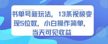 书单号新玩法，13条视频变现5位数，小白操作简单，当天可见收益-网创资源总站
