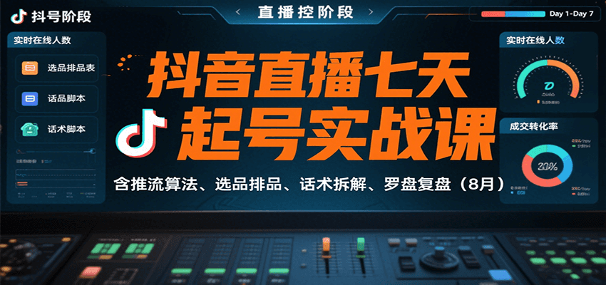 抖音直播七天起号实战课：含推流算法、选品排品、话术拆解、罗盘复盘(8月)-网创资源总站