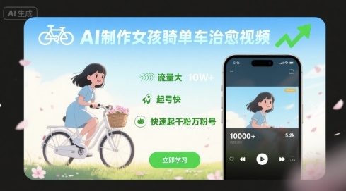 AI制作女孩骑单车治愈视频，流量大，起号快，快速起千粉万粉号-网创资源总站